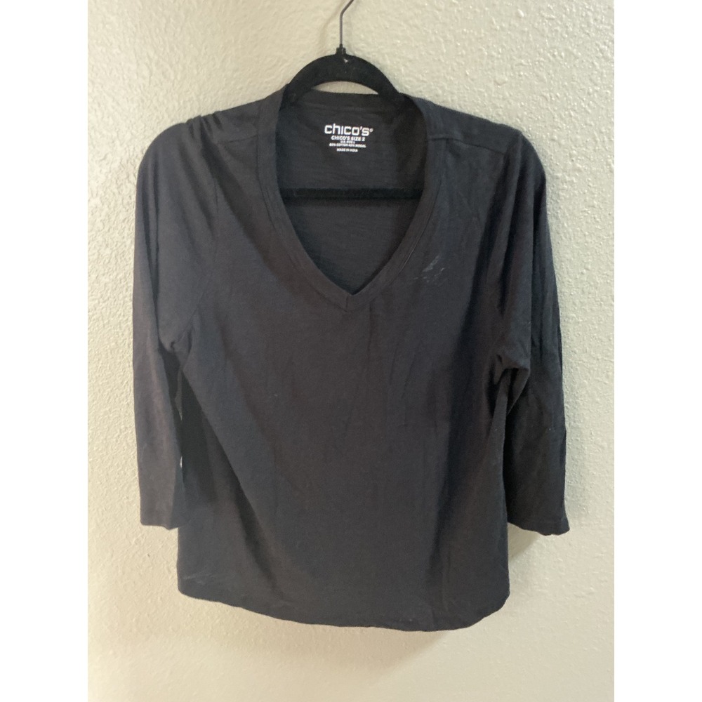 Chico's V-Neck Top Womens Size 2 L Black Excellent Slub 3/4 Sleeve Tee